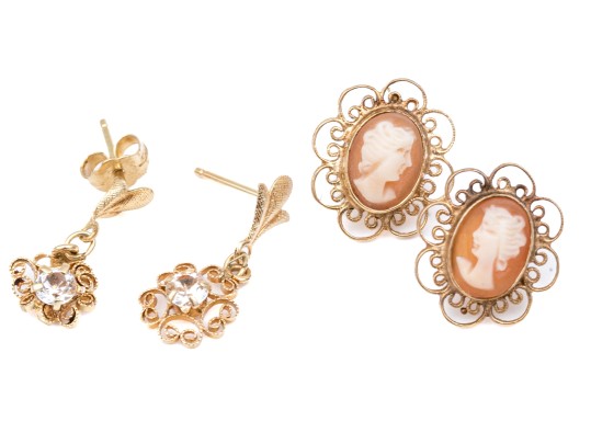 14k Yellow Gold Collection Of Filigree Framed Earrings, Including Cameo And Cz Set