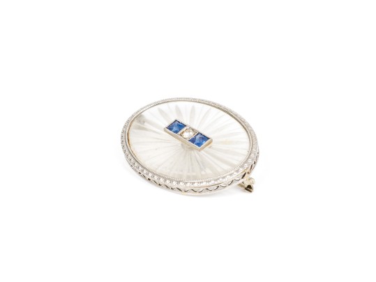 14k White Gold Beautiful Vintage Rock Crystal Quartz And Diamond Brooch