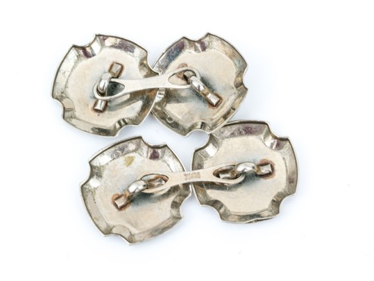 10k White Gold Elegant Vintage Patterned Notched Square Cufflinks, Loose Links Style