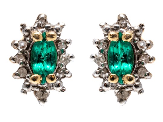 14k Yellow Gold Emerald And Diamond Halo Earrings, 10k Clutches