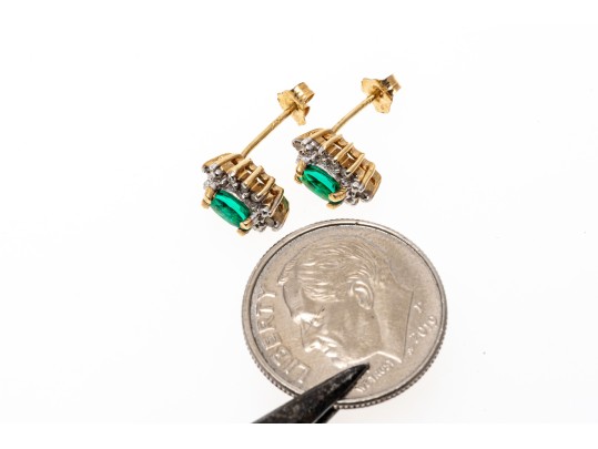 14k Yellow Gold Emerald And Diamond Halo Earrings, 10k Clutches