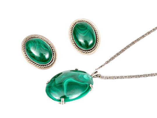 Pair Of Striking Sterling Malachite Jewelry Pieces, Assorted Motifs