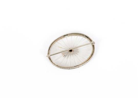 14k White Gold Beautiful Vintage Rock Crystal Quartz And Diamond Brooch