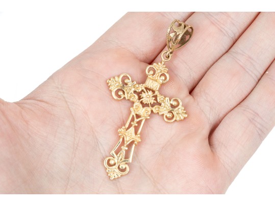 14k Yellow Gold Beautiful Large Filigree Cross