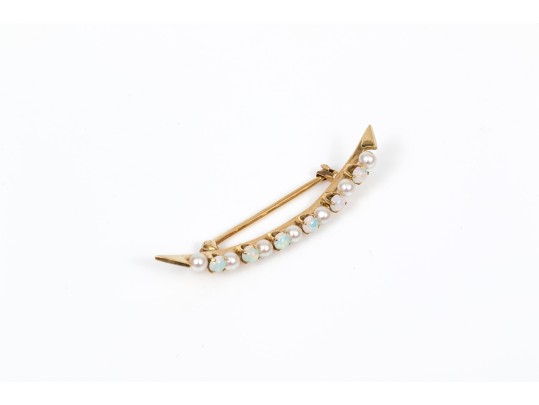 14k Yellow Gold Beautiful Vintage Seed Pearl And Opal Half Moon Brooch