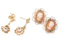 14k Yellow Gold Collection Of Filigree Framed Earrings, Including Cameo And Cz Set