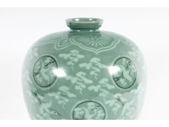 Korean Celadon Glazed & Hand Painted Ceramic Meiping Vase