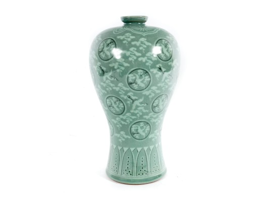 Korean Celadon Glazed & Hand Painted Ceramic Meiping Vase