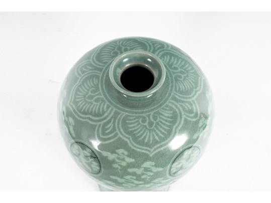Korean Celadon Glazed & Hand Painted Ceramic Meiping Vase