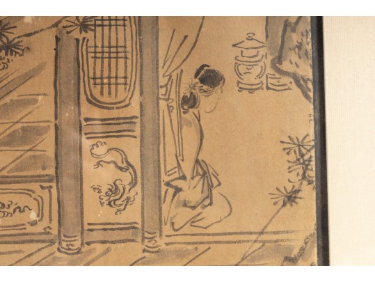 Pair Of Gilt Vintage Chinese Ink Illustrations 