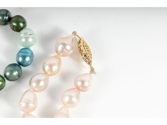 Rose Pink & Green Cultured Pearl Necklaces