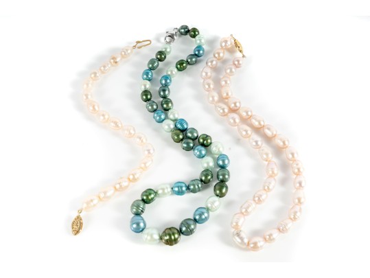 Rose Pink & Green Cultured Pearl Necklaces