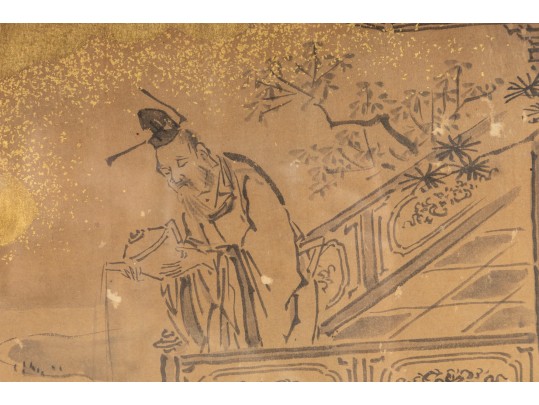 Pair Of Gilt Vintage Chinese Ink Illustrations 