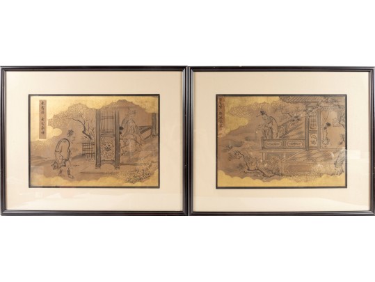 Pair Of Gilt Vintage Chinese Ink Illustrations 