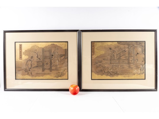 Pair Of Gilt Vintage Chinese Ink Illustrations 