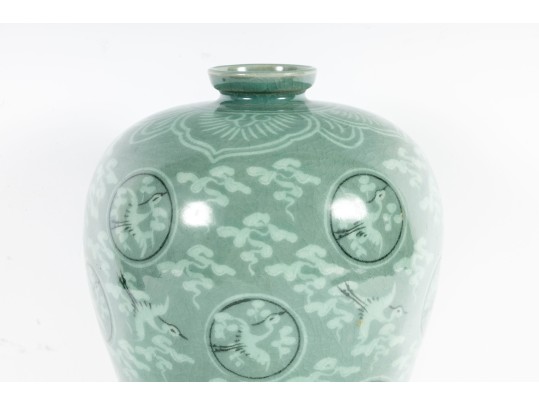Korean Celadon Glazed & Hand Painted Ceramic Meiping Vase