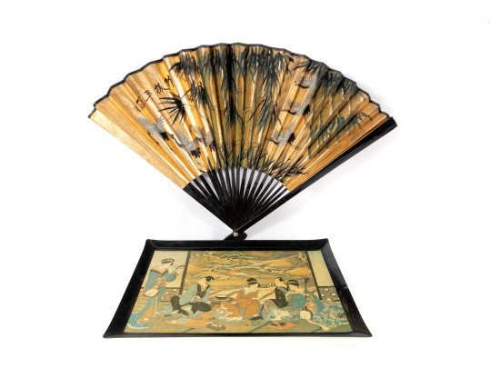 Chinese Tray & Hand-Painted Folding Fan