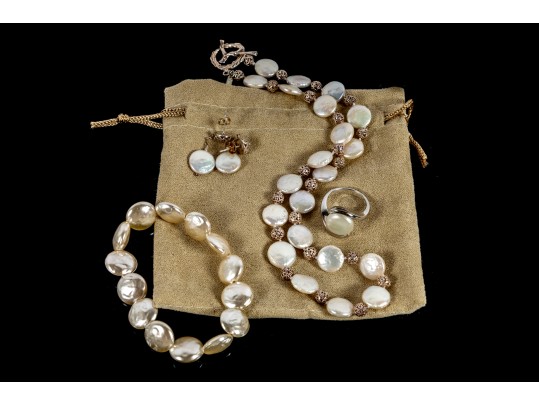 Coin Pearl Necklace, Bracelet, Earrings And Ring Set