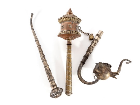 Tibetan Silver Smoking Pipe & Prayer Wheel