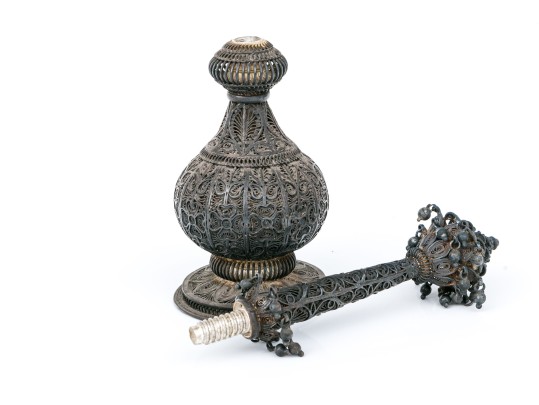 Antique Persian Silver Filigree Rose Water Bottle, 6.745 Troy Ozs. 