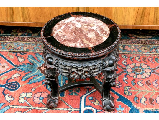 Chinese Carved Wood And Marble Plant Stand