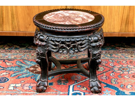 Chinese Carved Wood And Marble Plant Stand