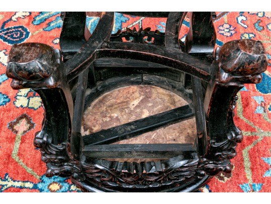 Chinese Carved Wood And Marble Plant Stand