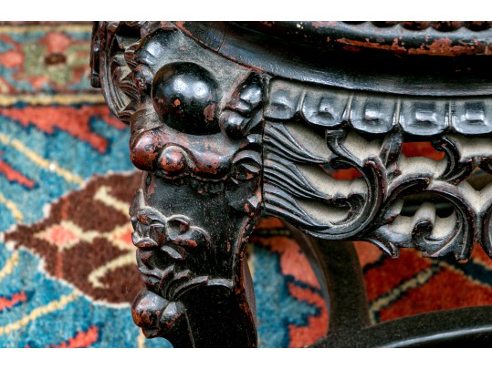 Chinese Carved Wood And Marble Plant Stand