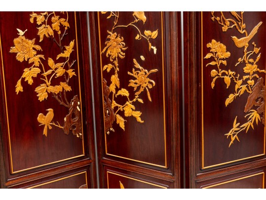 Chinese Eight Panel Marquetry Screen With Mother Of Pearl