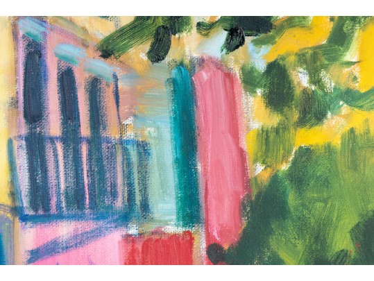 Hannah Cole Buie (American, B. 1955) Oil On Canvas, Colorful Urban Sidewalk**