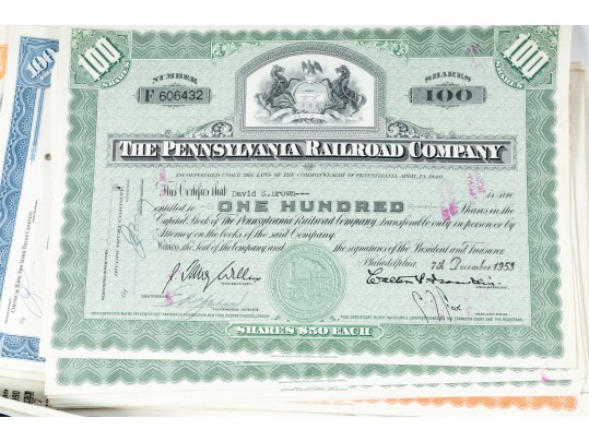 Antique Assorted Lot Of Hundreds Of Pennsylvania Railroad Common Stock Certificates