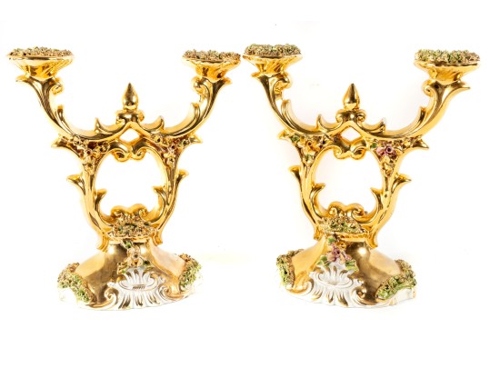 Pair Of Luxurious Capodimonte Italian Ceramic Candelabras