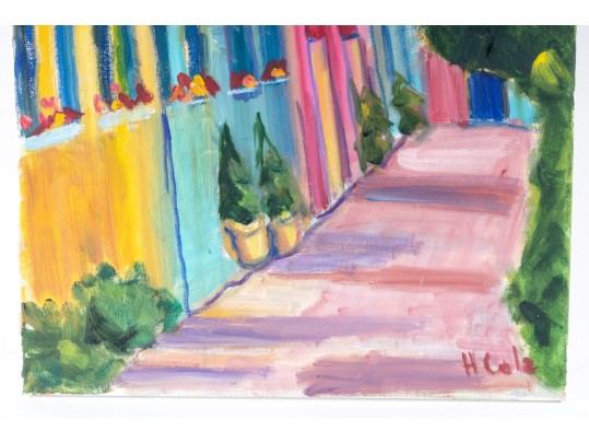 Hannah Cole Buie (American, B. 1955) Oil On Canvas, Colorful Urban Sidewalk**