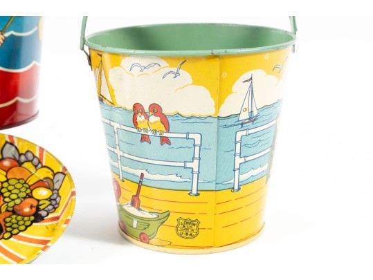 Vintage Tin Litho Buckets Etc