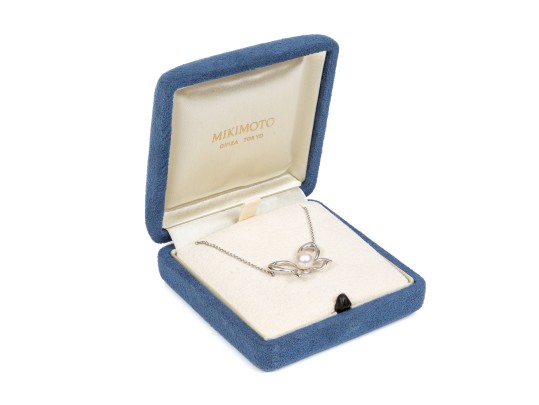 Mikimoto Lovely Sterling Silver And Cultured Pearl Set Butterfly Necklace, With Box