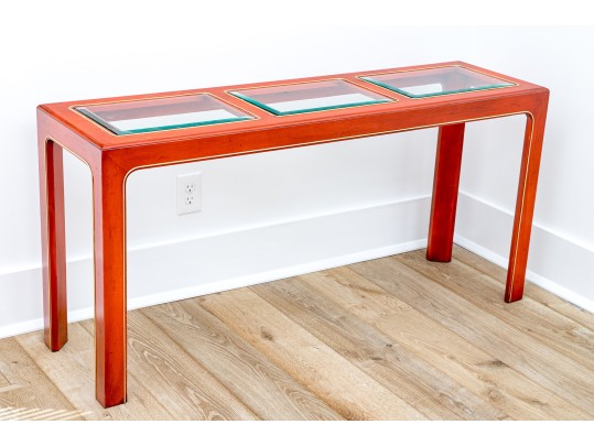 Chinoiserie Chic Red Lacquered Console Table With Three Glass Panels
