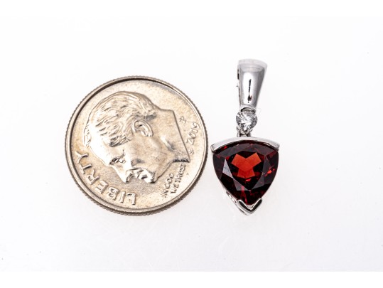 14k White Gold Trillion Garnet And Diamond Pendant