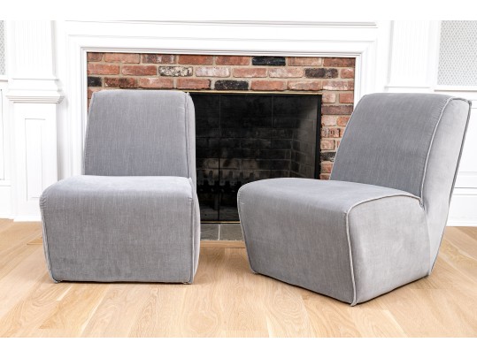 Chic Pair Of Restoration Hardware Gray Velvet Slipper Chairs