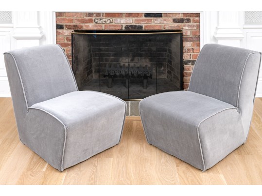 Chic Pair Of Restoration Hardware Gray Velvet Slipper Chairs