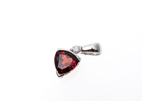14k White Gold Trillion Garnet And Diamond Pendant