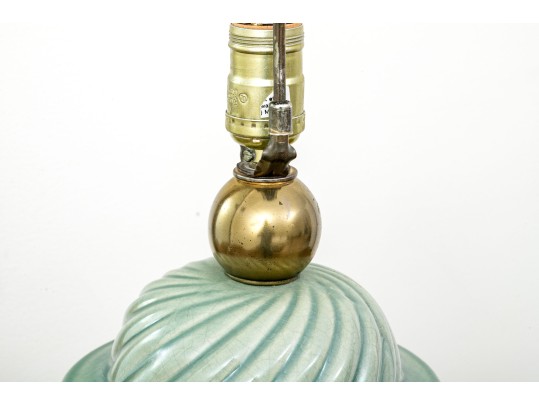Vintage Paul Hanson Spiral Fluted Celadon Glazed Lidded Baluster Jar Mounted As A Table Lamp