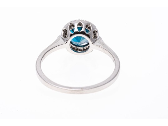 10k White Gold Checkerboard Cut Blue Topaz And Diamond Halo Ring, Size 6.75