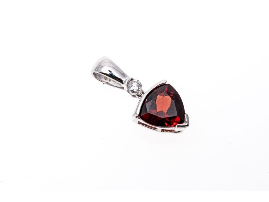 14k White Gold Trillion Garnet And Diamond Pendant