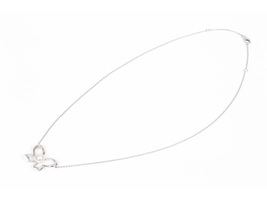 Mikimoto Lovely Sterling Silver And Cultured Pearl Set Butterfly Necklace, With Box