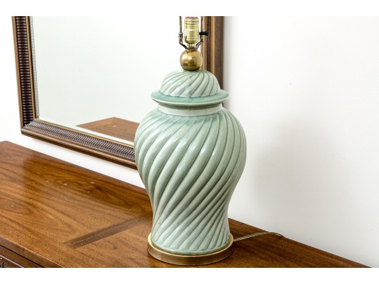 Vintage Paul Hanson Spiral Fluted Celadon Glazed Lidded Baluster Jar Mounted As A Table Lamp