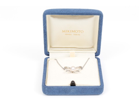 Mikimoto Lovely Sterling Silver And Cultured Pearl Set Butterfly Necklace, With Box