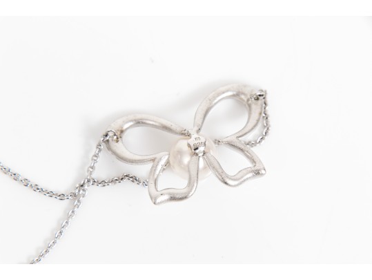 Mikimoto Lovely Sterling Silver And Cultured Pearl Set Butterfly Necklace, With Box