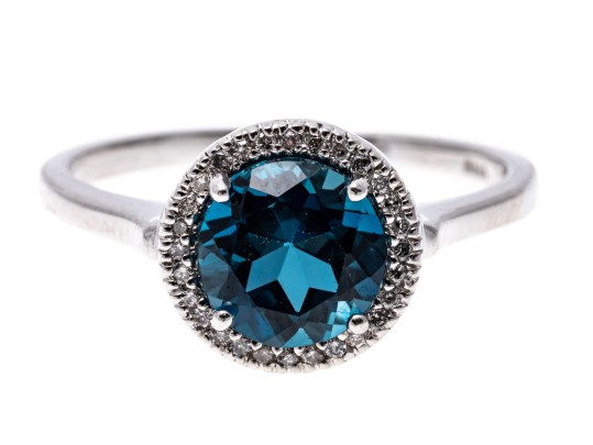 10k White Gold Checkerboard Cut Blue Topaz And Diamond Halo Ring, Size 6.75