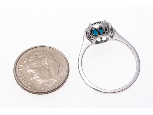10k White Gold Checkerboard Cut Blue Topaz And Diamond Halo Ring, Size 6.75