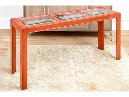 Chinoiserie Chic Red Lacquered Console Table With Three Glass Panels